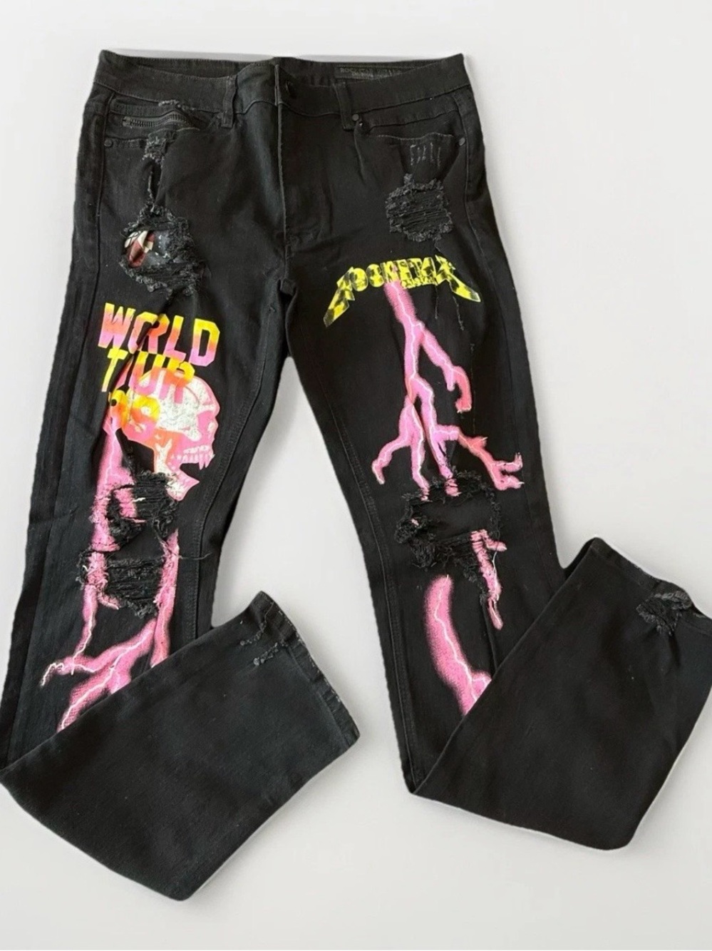 Rockstar Original Ultra Slim Jeans Size 36 Pink Lightning Skull World Tour '89
